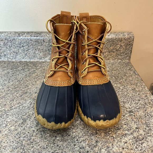 LL BEAN Duck Boots Maine Hunting Shoe Womens Size 7 Brown / Blue GUC - Picture 3 of 12